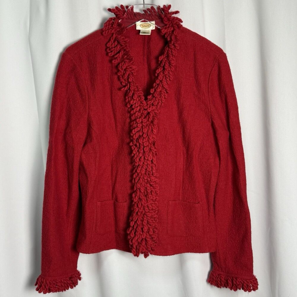 Vintage Talbots Red Boiled Fringe 100% Wool Cardigan Sweater Jacket Sz Large